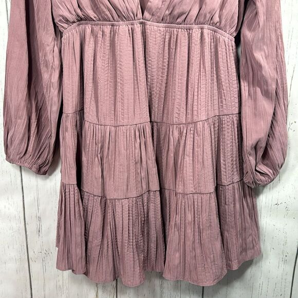 Storia Mauve Boho Tiered Mini Dress Long Sleeve Deep V Cottagecore Romantic - Picture 9 of 14